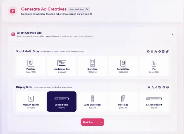 Creative size selector showing social media and display ad formats