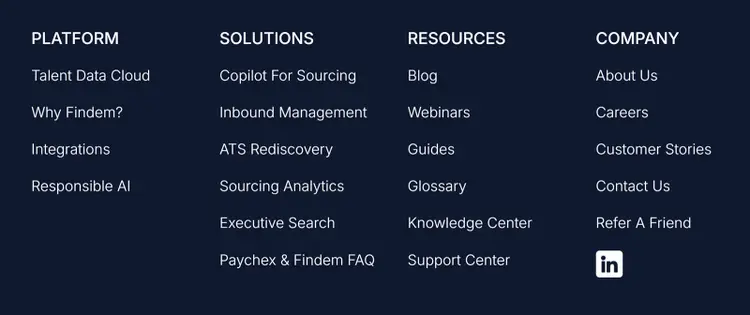 Four column footer navigation with links to various pages