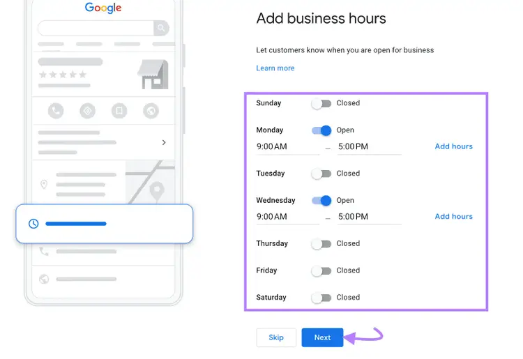 "Add business hours" window in Google Business Profile settings