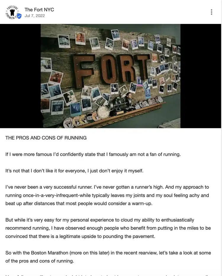 Google Business Profile post by a fitness brand, The Fort NYC, talking about the founder's personal experiences.