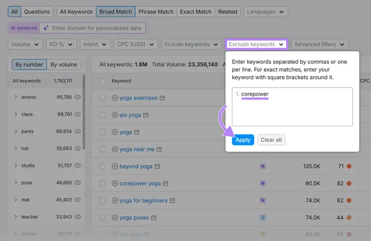 Exclude Keywords filter with a competitor keyword entered and Apply button highlighted.