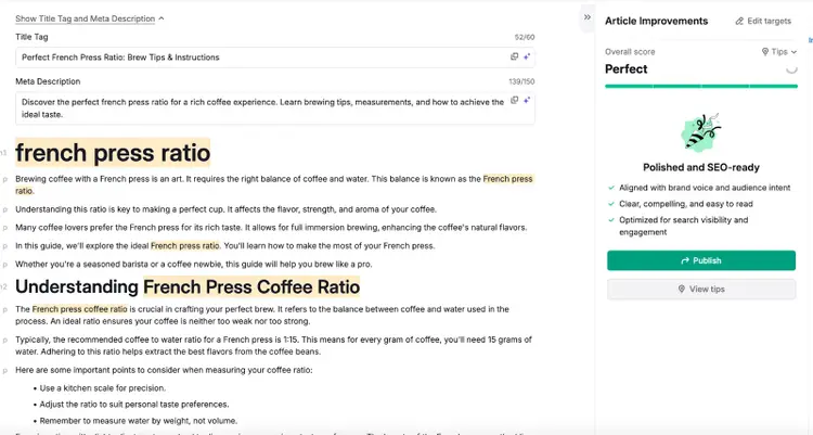 Semrush Content Toolkit showing French press article with Perfect rating and SEO improvements