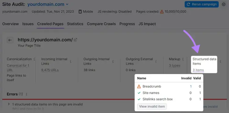 Site Audit crawled page schema errors highlighted.