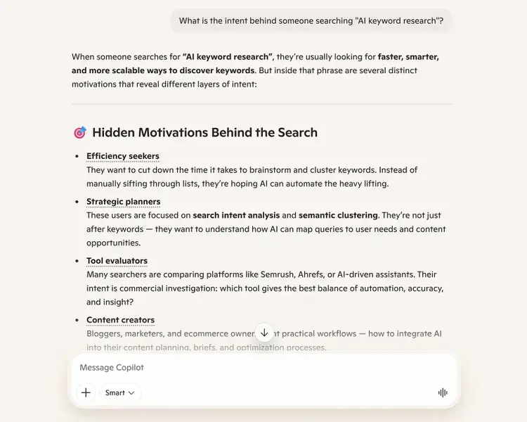 Copilot explaining AI keyword research intent through efficiency, strategy, tool evaluation, and content creation