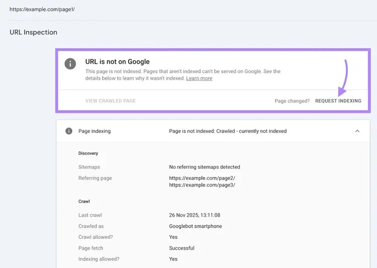 URL Inspection on Google Search Console with the "Request Indexing" button clicked.