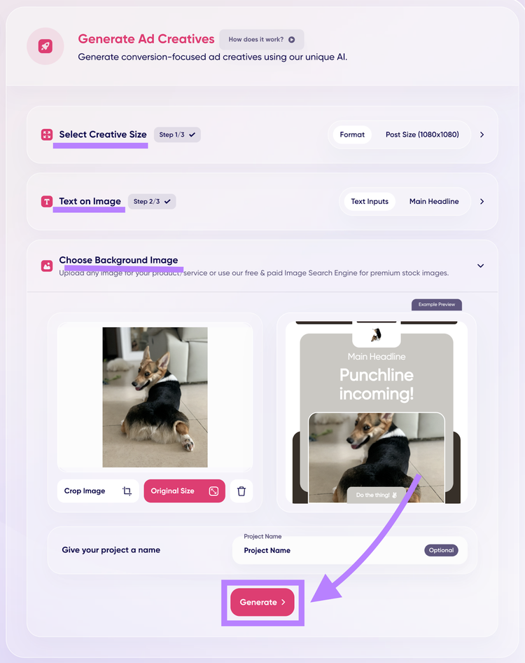 Generate Ad Creatives workflow with size, text, and image steps