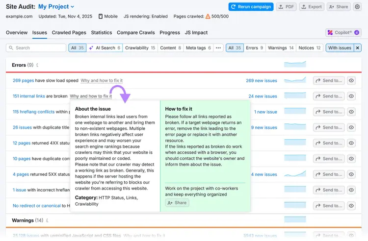 Site Audit report showing broken internal links with an info box explaining the issue and how to fix it.