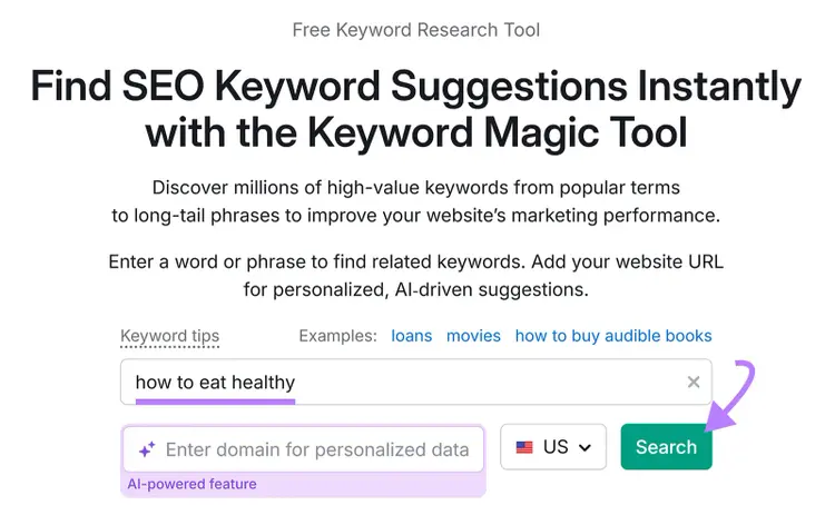Keyword Magic Tool page with “how to eat healthy” typed in the search bar and an arrow pointing to the Search button