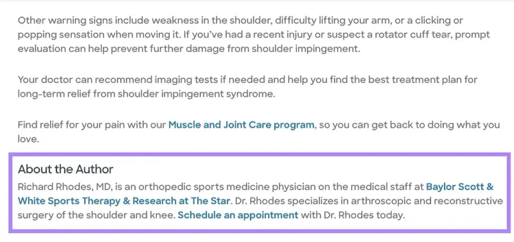 Blog post by Baylor Scott & White Health with the 'About the Author' section at the bottom demonstrating their medical expertise highlighted.