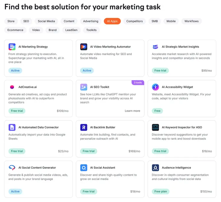 Dashboard listing AI marketing apps with descriptions and pricing, including tools for SEO, video, and social media.