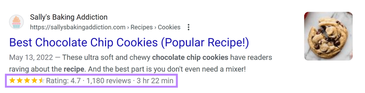 Search result for cookie recipe with recipe rich snippet highlighted.