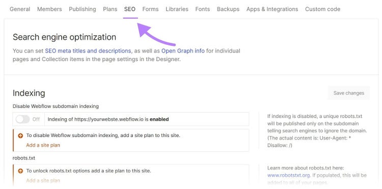 “SEO” tab in Webflow