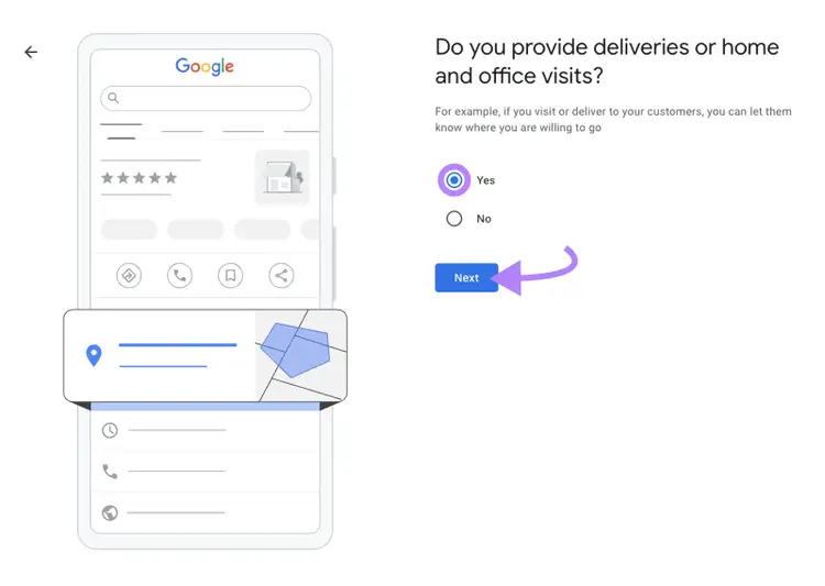 Business setup screen with delivery and home visit options highlighted.