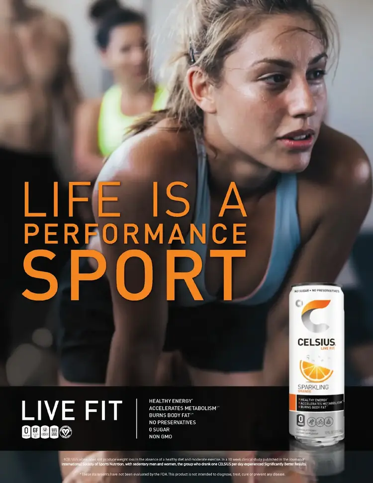CELSIUS energy drink ad with athlete and Live Fit zero sugar messaging