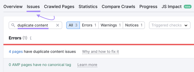 search for "duplicate content" in the "Issues" tab