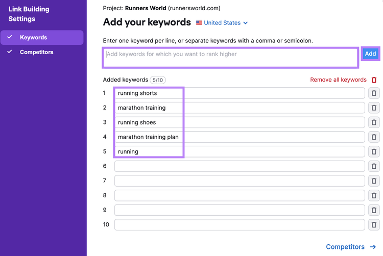 "Add your keywords" set-up window in Link Building tool