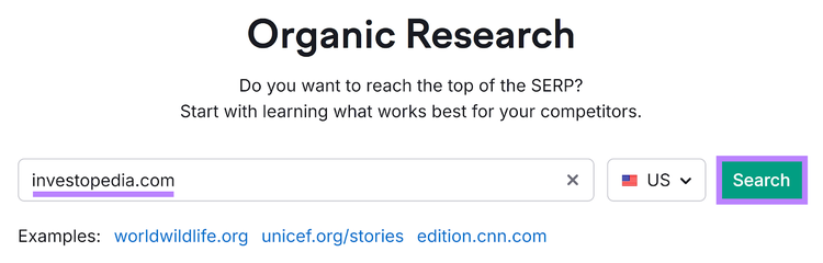 Organic Rankings tool start with domain entered and Search button highlighted