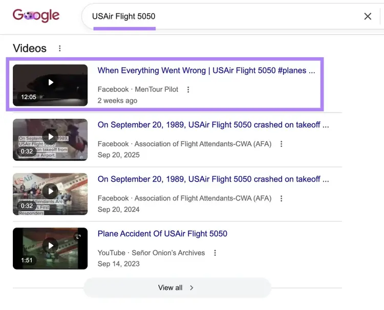 Google SERP with "USAir Flight 5050" entered with the top video result highlighted.