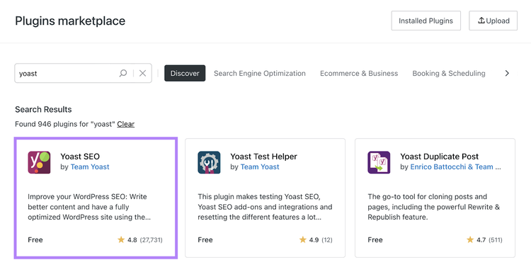 Yoast SEO plugin highlighted in list