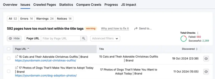 page urls with too much text within the title tags
