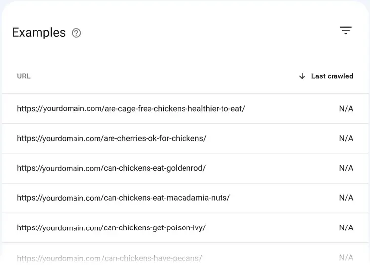 "Examples" on Page Indexing showing URLs that have been discovered but not indexed.