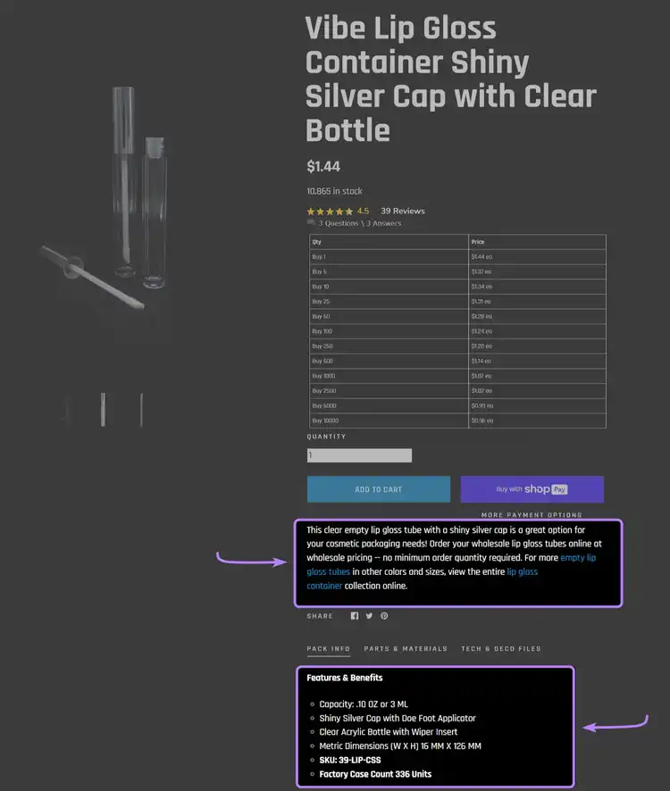 Product description and "features & benefits" sections highlighted under lip gloss container product listing on Cosmetic Packaging Now