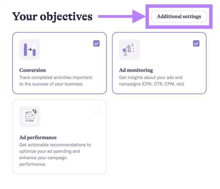 AI Narratives objectives selection showing Conversion and Ad monitoring