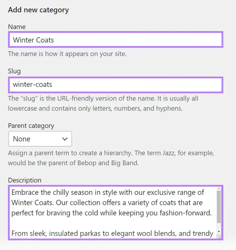New category form within WordPress