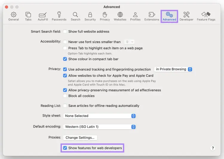 The "Advanced" tab on Safari settings with the “Show features for web developers” box checked.