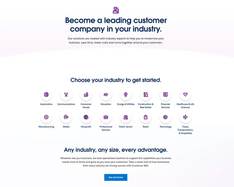 Salesforce webpage showing industry selection icons and headline about becoming a leading customer company