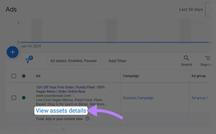 “View assets details” link highlighted under the "Ads" table