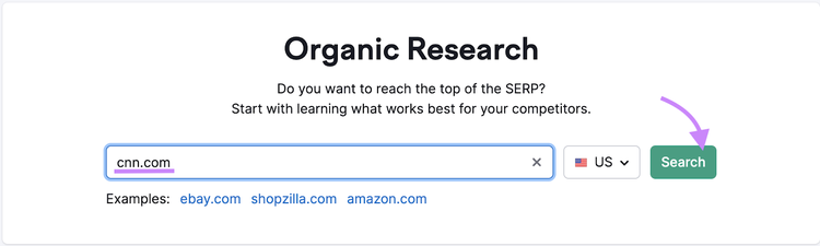 "cnn.com" entered into Organic Rankings search bar
