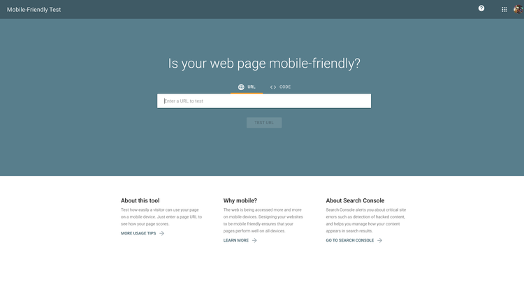 Mobile-Friendly Test landing page
