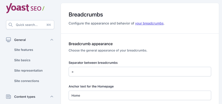Settings for breadcrumb appearance such as separator between breadcrumbs, anchor text for homepage, and more