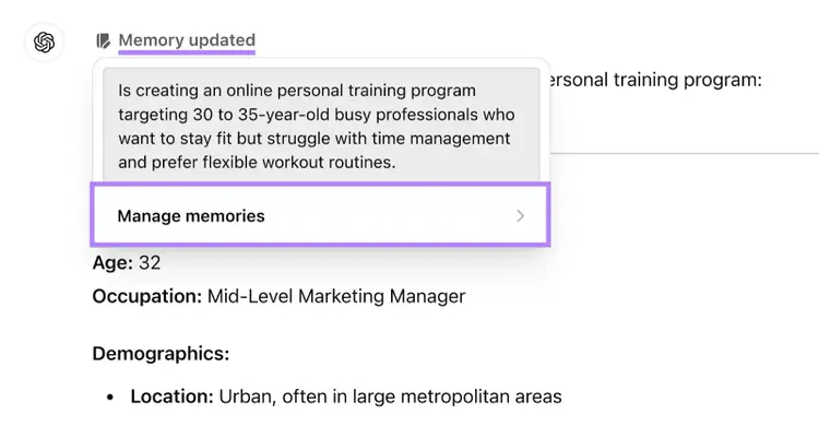 memory updated label above the response with the option to manage memories when you hover over the label
