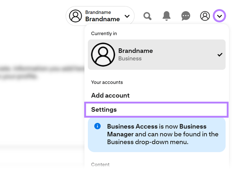 Pinterest account drop-down menu with the settings option highlighted.