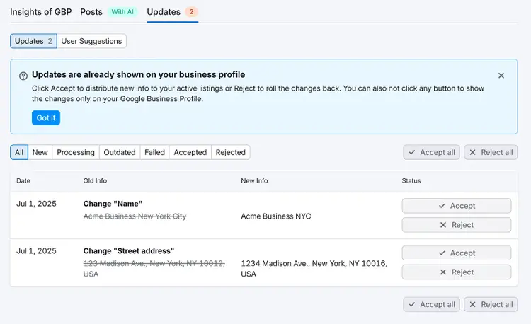 Google Business Profile updates management screen showing new info changes for business name and street address, with accept or reject options