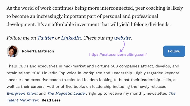 an author's bio on Forbes page, with a backlink to author's website