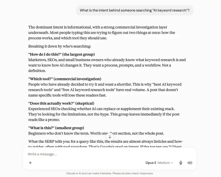 Claude breaking down AI keyword research search intent by user goals and audience types