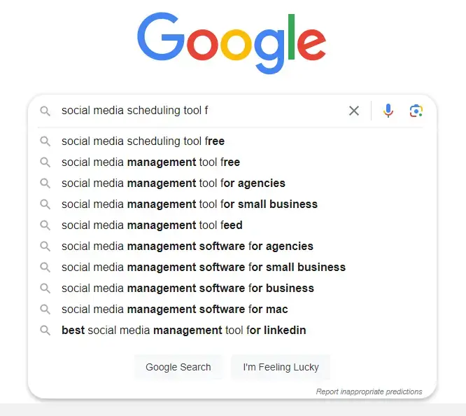 Google autocomplete suggestions for “social media scheduling tools f”