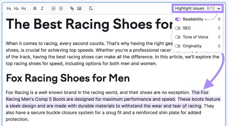 A section of the article that needs readability improvements highlighted in SEO Writing Assistant