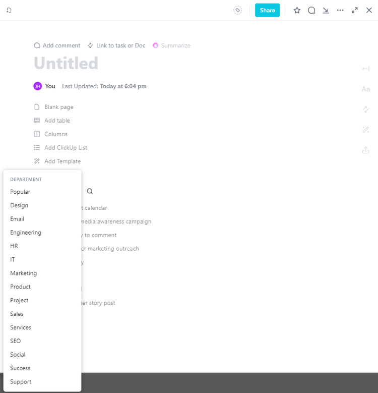 ClickUp document editor showing page creation with sidebar department templates and content options.