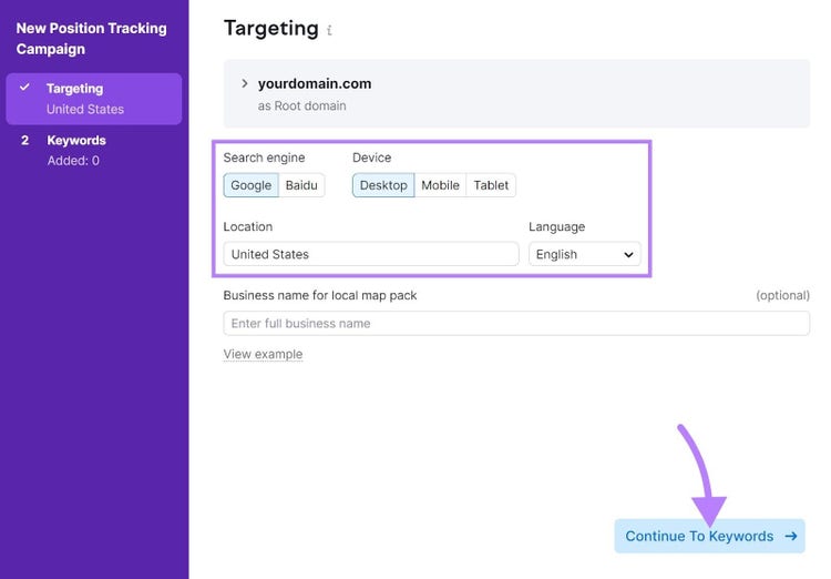 "Targeting" window in Position Tracking configuration steps