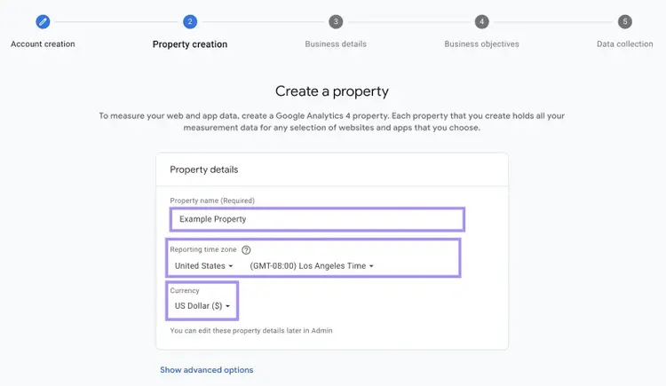 "Create a property" window in GA4