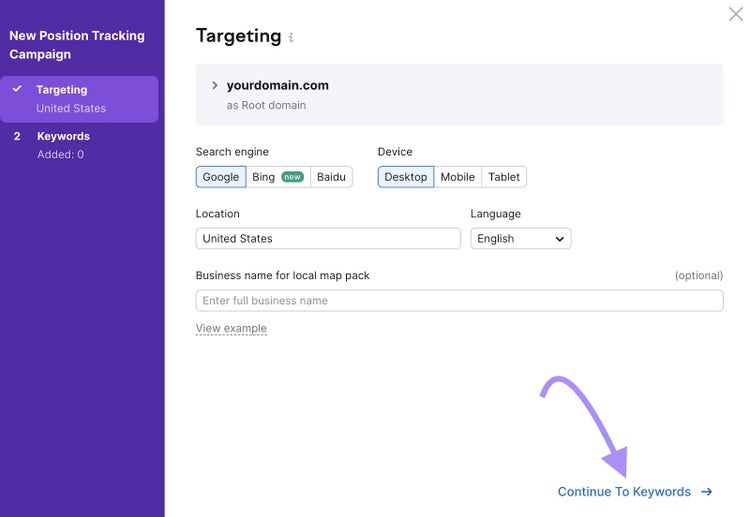 "Targeting" window in Position Tracking tool settings