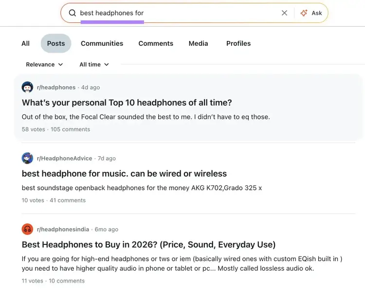 "best headphones for" entered on Reddit showing a list of relevant posts.