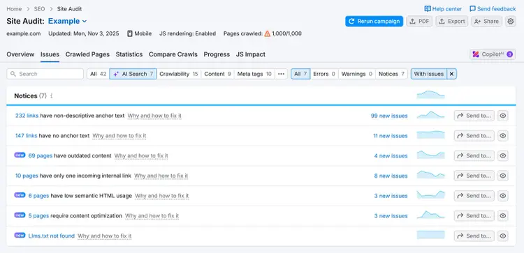 Semrush Site Audit showing a list of SEO notices for links, outdated content, and optimization issues.
