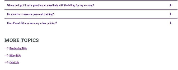 More topics are listed below the FAQs like membership faqs, billing faqs, and club faqs
