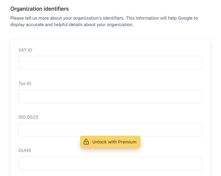 Yoast SEO organization info for organization schema like VAT ID, Tax ID, and more