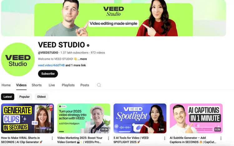 VEED Studio YouTube channel with 1.37 million subscribers